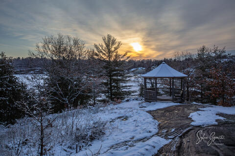 winter snowy wooded scene with a sunrise over a gazebo