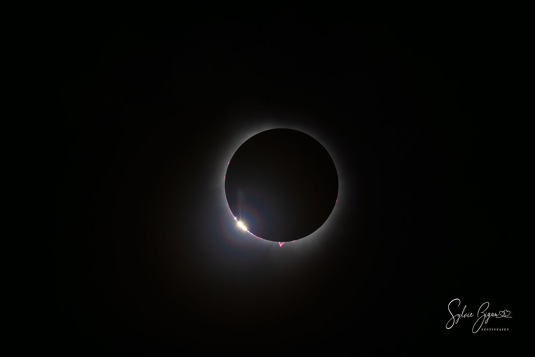 Celestial Ignition diamond light shines from a total solar eclipse with red solar flare prominences revealed